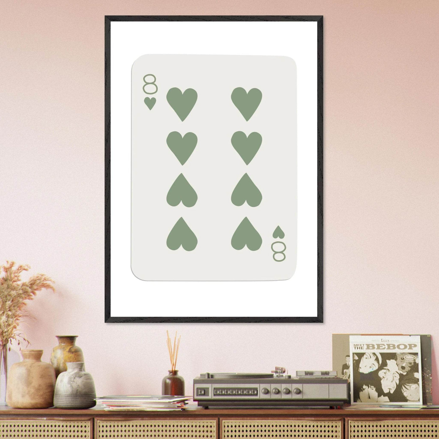 Minimalist Eight of Hearts Poker Card Print - Mounted Framed Poster Art, Eco-Friendly Wood Frame in Sage Green - Vibrantwalls