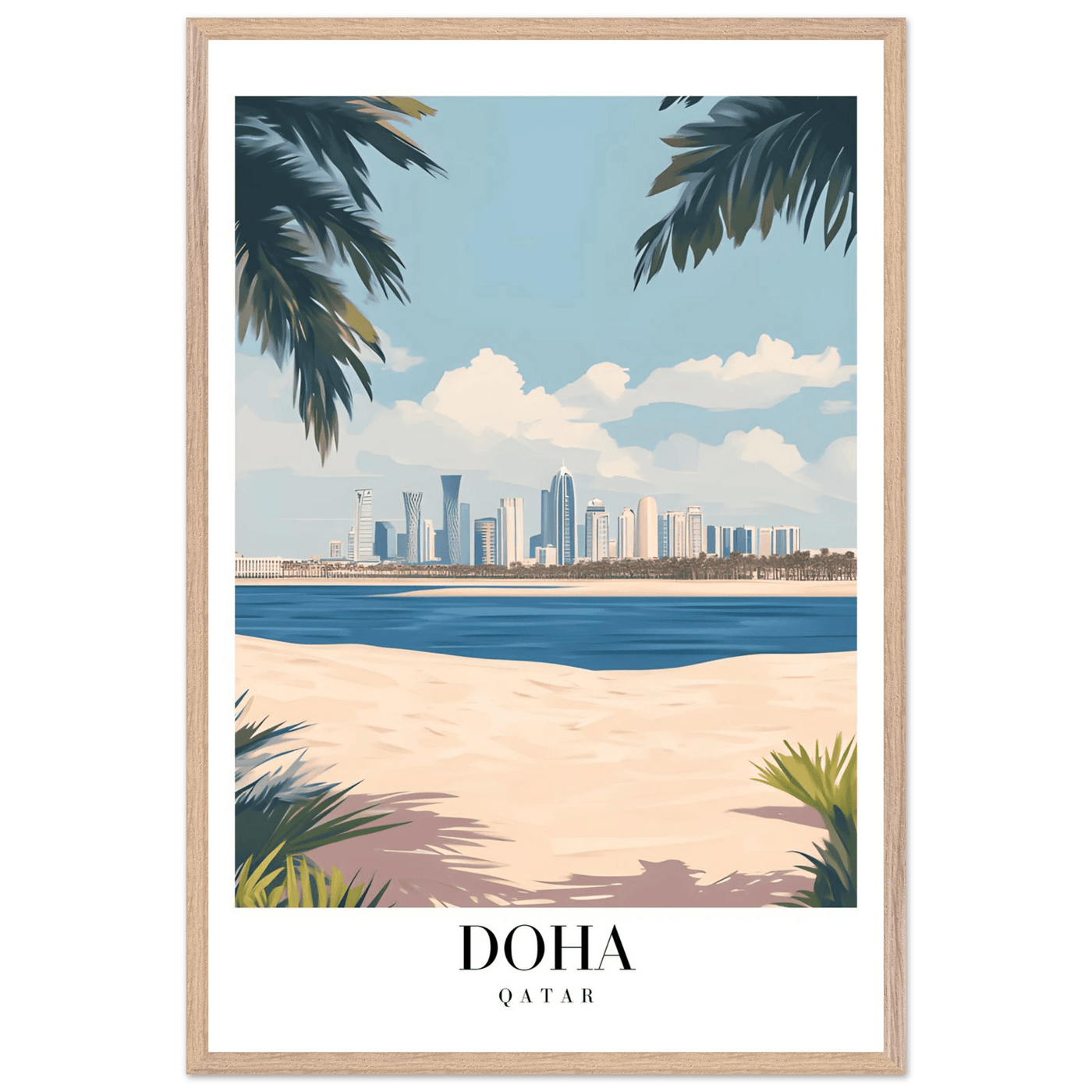 Doha Qatar Skyline Framed Poster – Modern Travel Wall Art with Palm Beach Vibes - Vibrantwalls