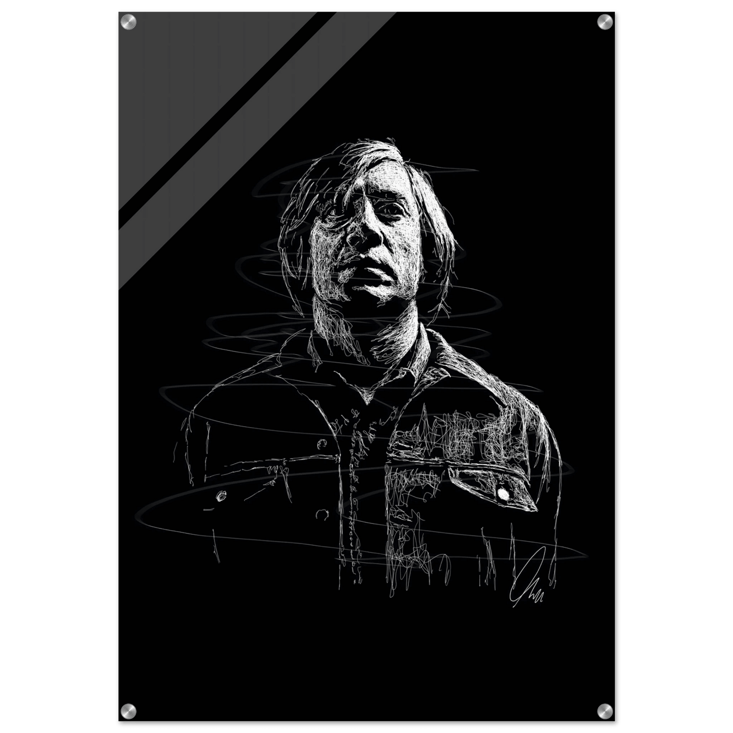 Javier Bardem in No Country for Old Men – Iconic Scrawl Art Acrylic Print - Vibrantwalls