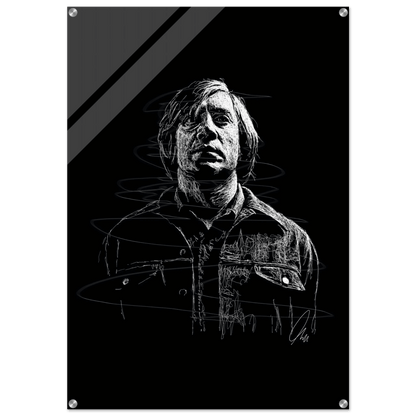 Javier Bardem in No Country for Old Men – Iconic Scrawl Art Acrylic Print - Vibrantwalls