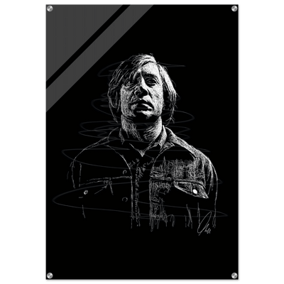 Javier Bardem in No Country for Old Men – Iconic Scrawl Art Acrylic Print - Vibrantwalls