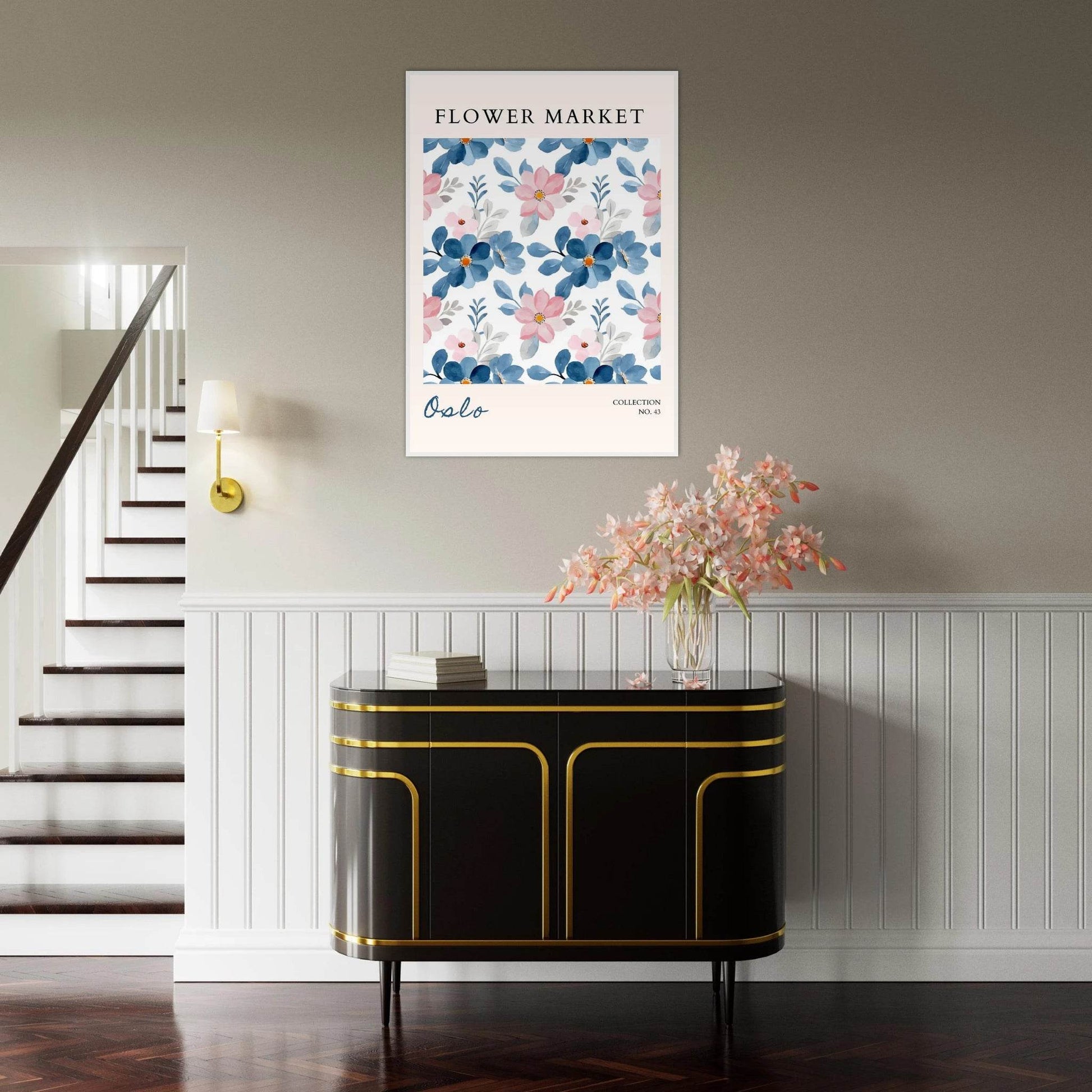 Oslo Flower Market Watercolor Blush Pink Ocean Blue - Wall Art - Vibrantwalls