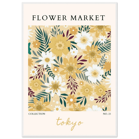 Tokyo Flower Market Framed Poster – Botanical Golden & White Floral Print | Ready-to-Hang Wall Art - Vibrantwalls