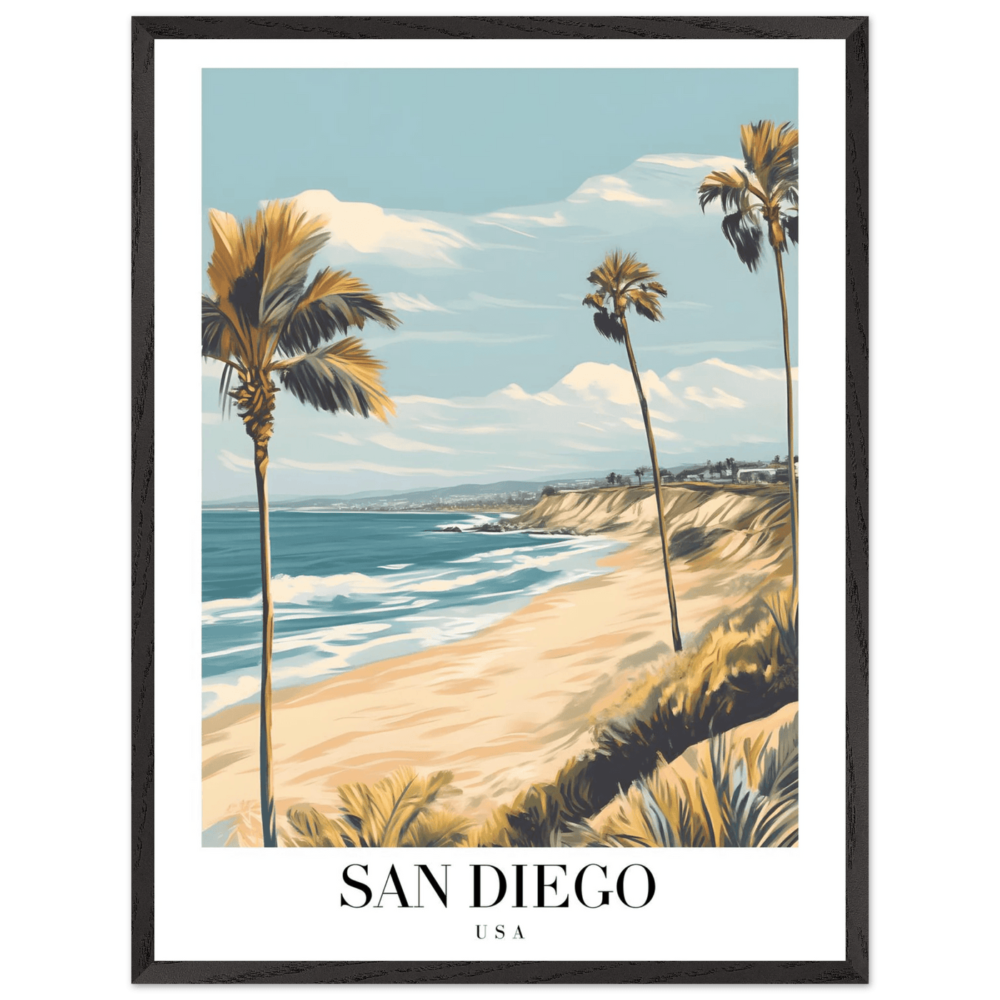 San Diego USA Framed Poster – Vintage Beach Travel Wall Art with Wooden Frame in Your Choice of Size and Finish - Vibrantwalls