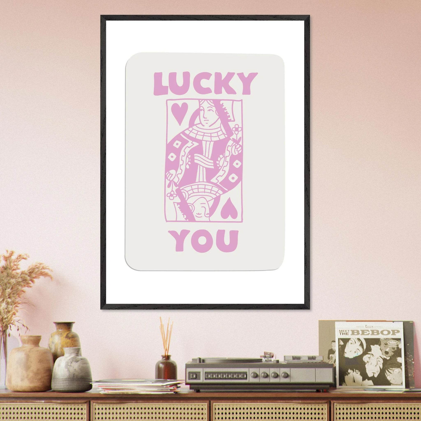 Lucky You Poker Card Art Print - Queen of Hearts Framed Poster, Pink & Cream Aesthetic Decor - Vibrantwalls