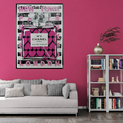 Chanel No. 5 Pink Hearts Pop Art Print in Premium Mounted Frame - Vibrantwalls