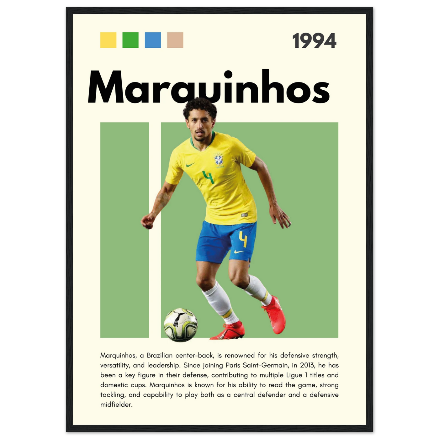 Marquinhos Brazil Football Framed Poster – Iconic Soccer Art Print for Fans 50x70 cm 20x28″ Black frame Vibrantwalls