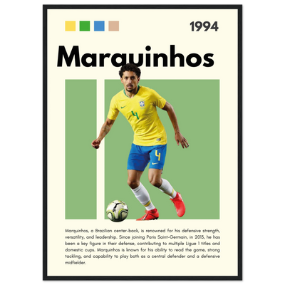 Marquinhos Brazil Football Framed Poster – Iconic Soccer Art Print for Fans 50x70 cm 20x28″ Black frame Vibrantwalls