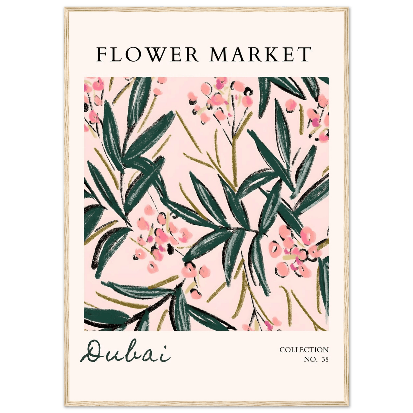 Dubai Flower Market Art Print – Blush Pink & Emerald Green Botanical Framed Poster | Ready-to-Hang - Vibrantwalls
