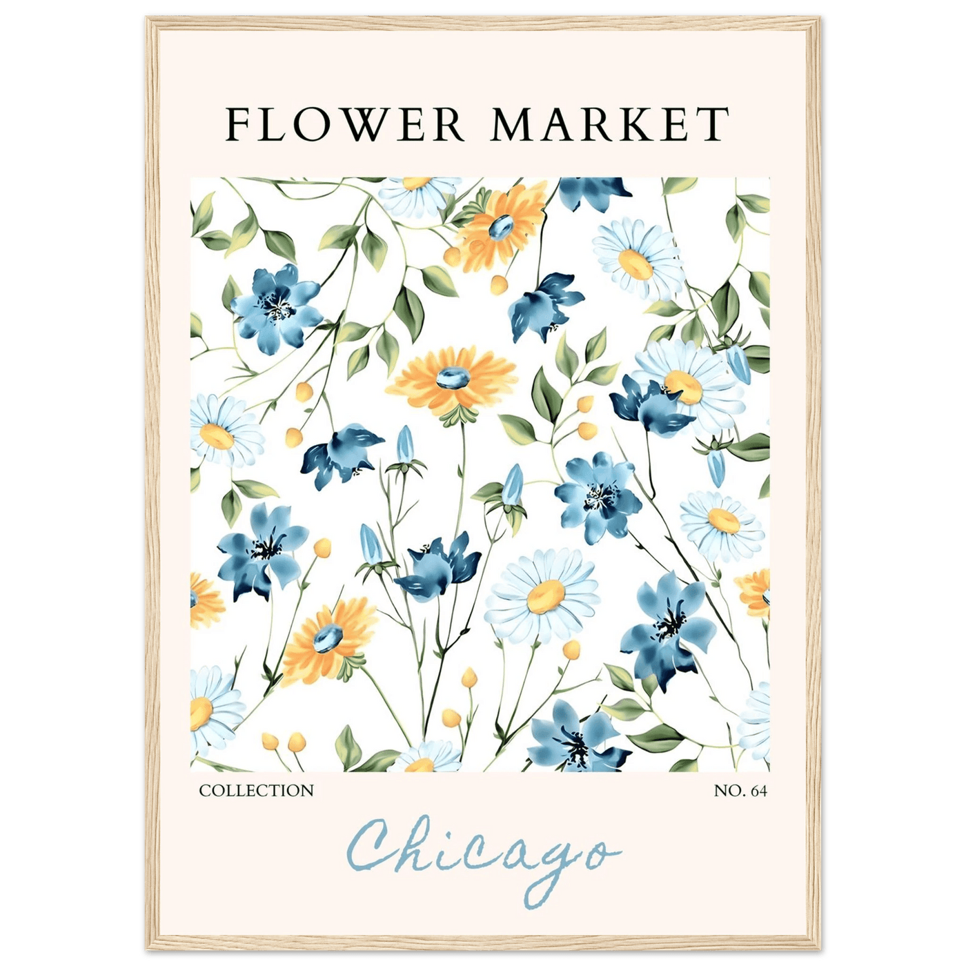 Flower Market Chicago Collection Framed Poster – Whimsical Blue & Yellow Floral Art Print | Ready-to-Hang - Vibrantwalls