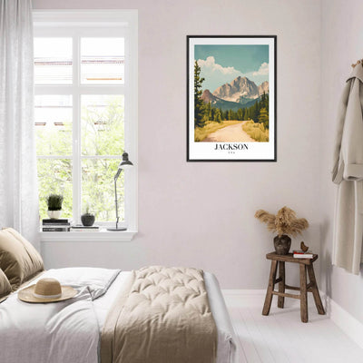Jackson USA Mountain Landscape Framed Poster – Vintage Travel Wall Art with Wooden Frame - Vibrantwalls