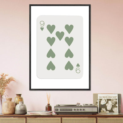 Minimalist Nine of Hearts Poker Card Print - Mounted Framed Wall Art, Sage Green Boho Decor, Eco-Friendly Wood Frame - Vibrantwalls