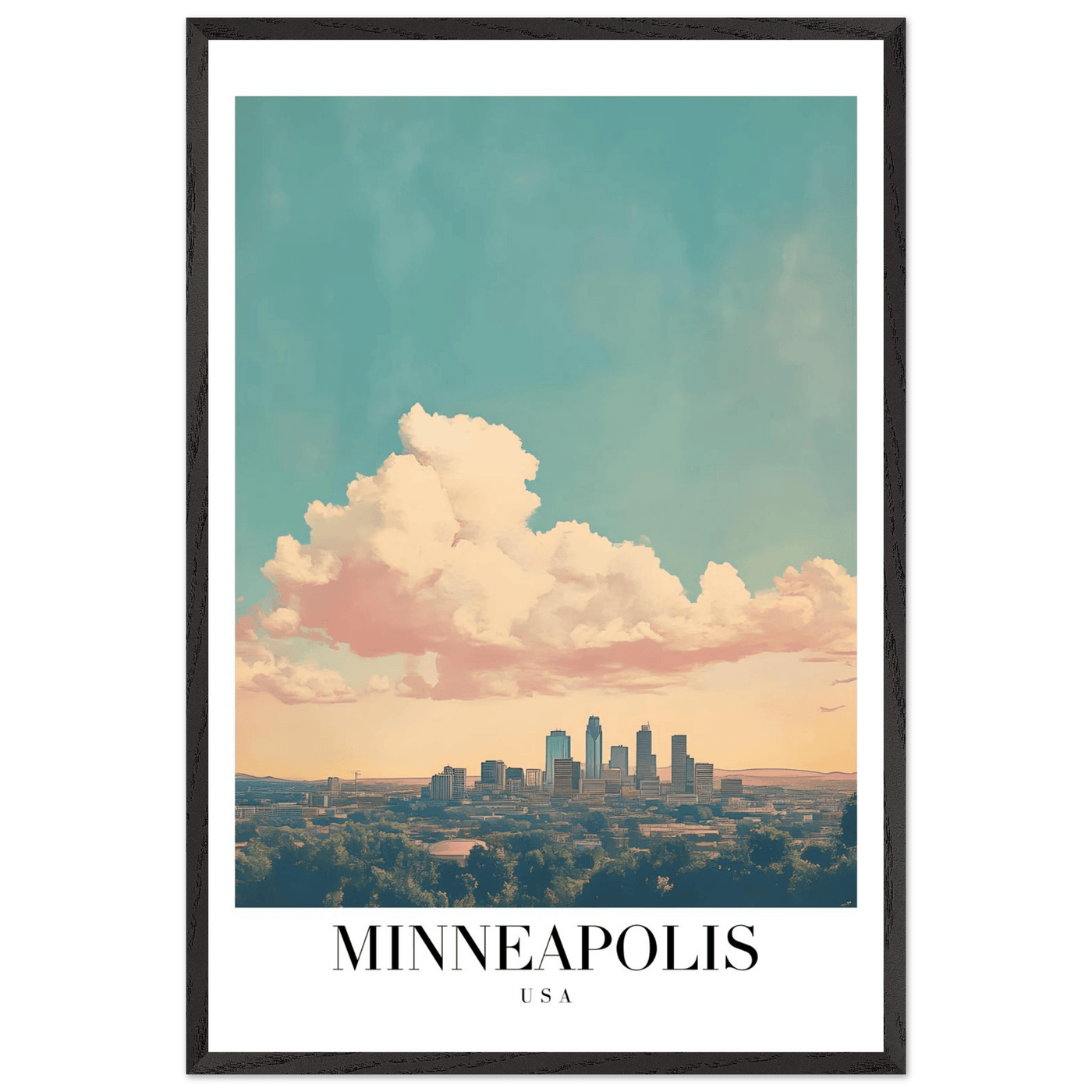 Minneapolis USA Framed Poster – Pastel Dream Sky Vintage Cityscape Art with Premium Wooden Frame - Vibrantwalls