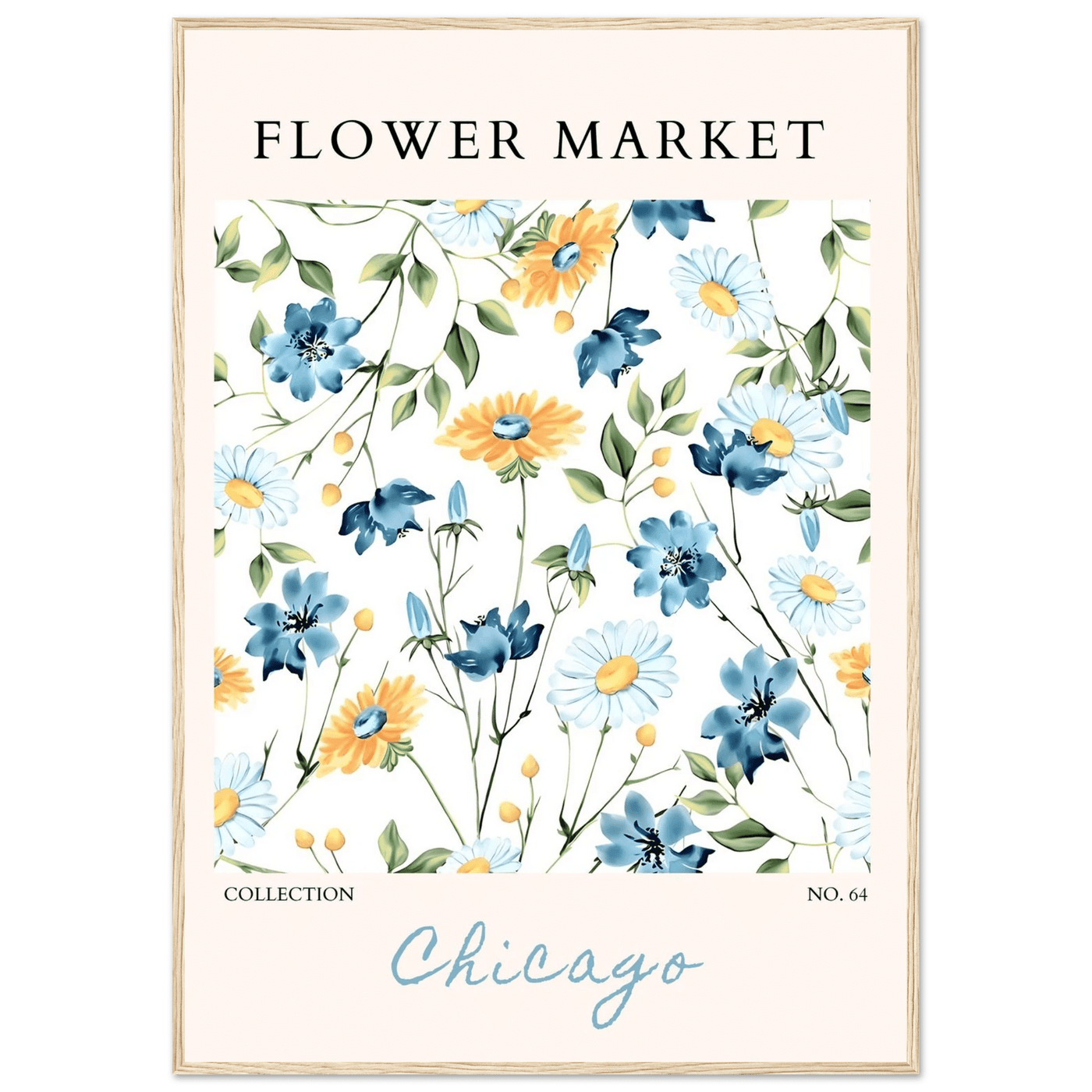 Flower Market Chicago Collection Framed Poster – Whimsical Blue & Yellow Floral Art Print | Ready-to-Hang - Vibrantwalls
