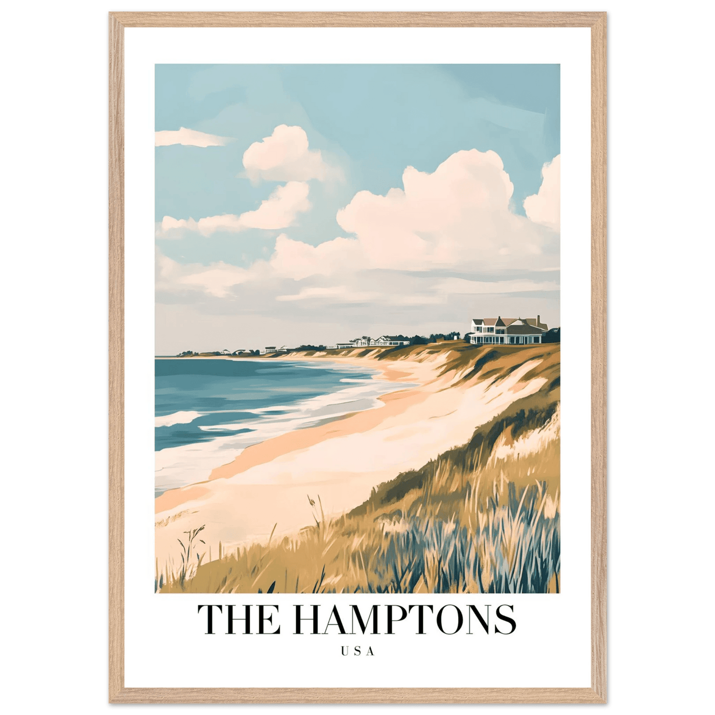 The Hamptons USA Framed Poster – Coastal Chic Vintage Travel Wall Art in Various Sizes & Frame Finishes - Vibrantwalls