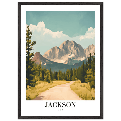 Jackson USA Mountain Landscape Framed Poster – Vintage Travel Wall Art with Wooden Frame - Vibrantwalls
