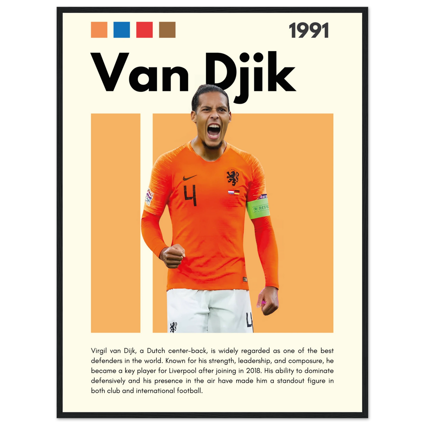 Virgil van Dijk Liverpool/Netherlands Football Framed Poster - Orange & Dynamic Sports Art Print 60x80 cm 24x32″ Black frame Vibrantwalls