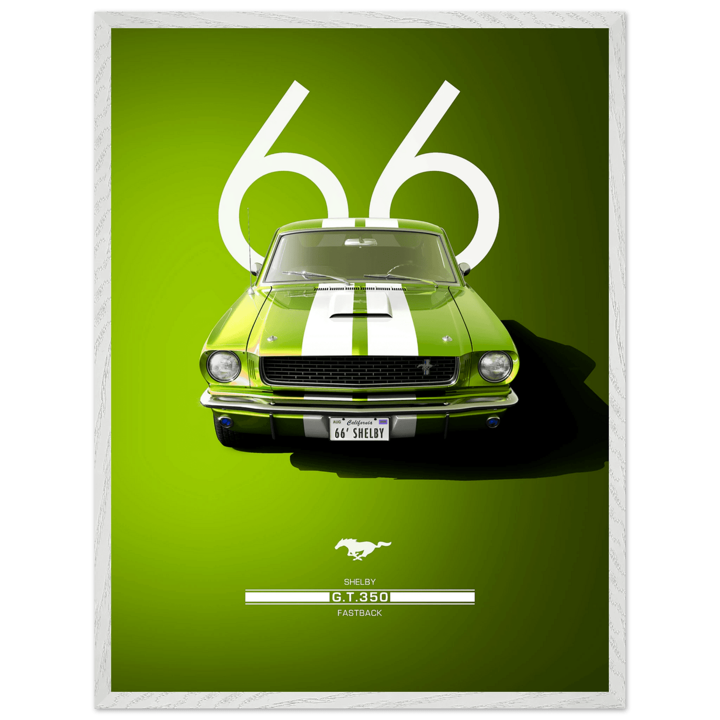 1966 Shelby GT350 Fastback Poster - Iconic Green & White Racing Stripes | Premium Framed Art, Ready-to-Hang - Vibrantwalls