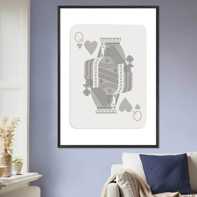 Queen of Hearts Poker Card Print - Grey & White Framed Art, Eco-Friendly Wood Frame in Multiple Sizes - Vibrantwalls
