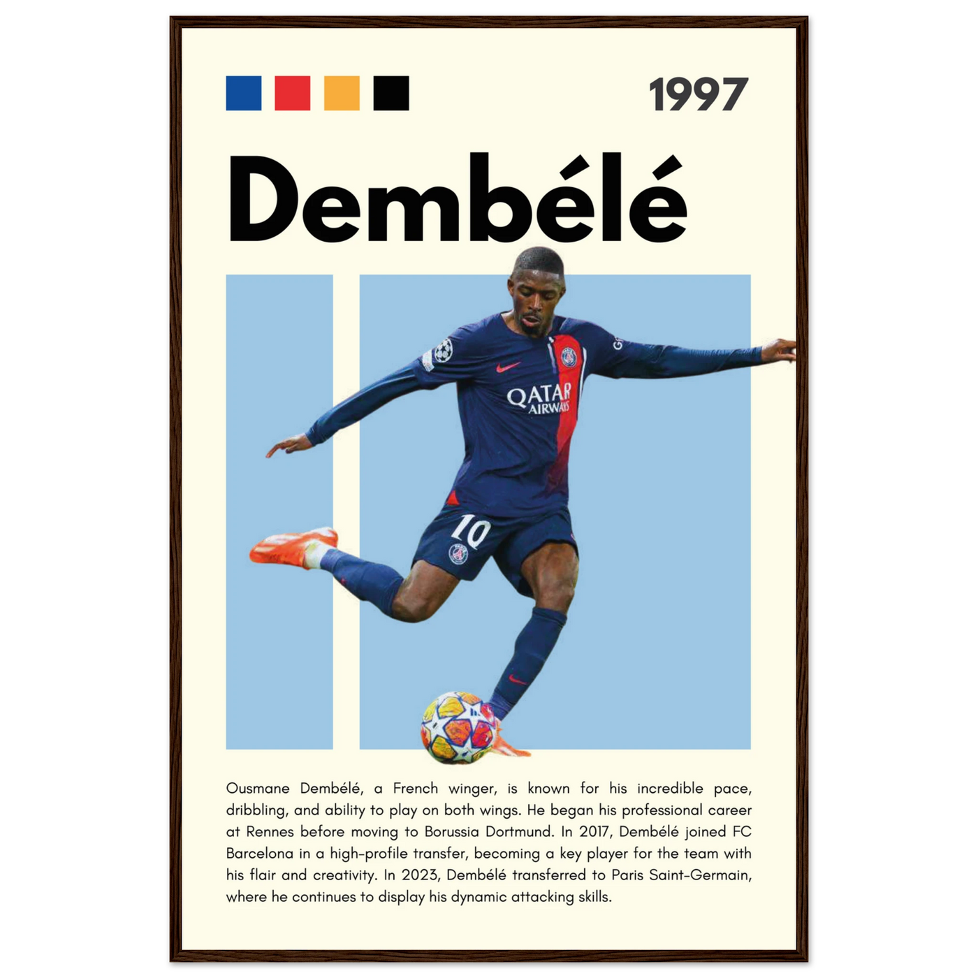 Ousmane Dembélé PSG Soccer Framed Poster – Dynamic Football Art Print in Multiple Sizes & Frame Styles 60x90 cm 24x36″ Dark wood frame Vibrantwalls