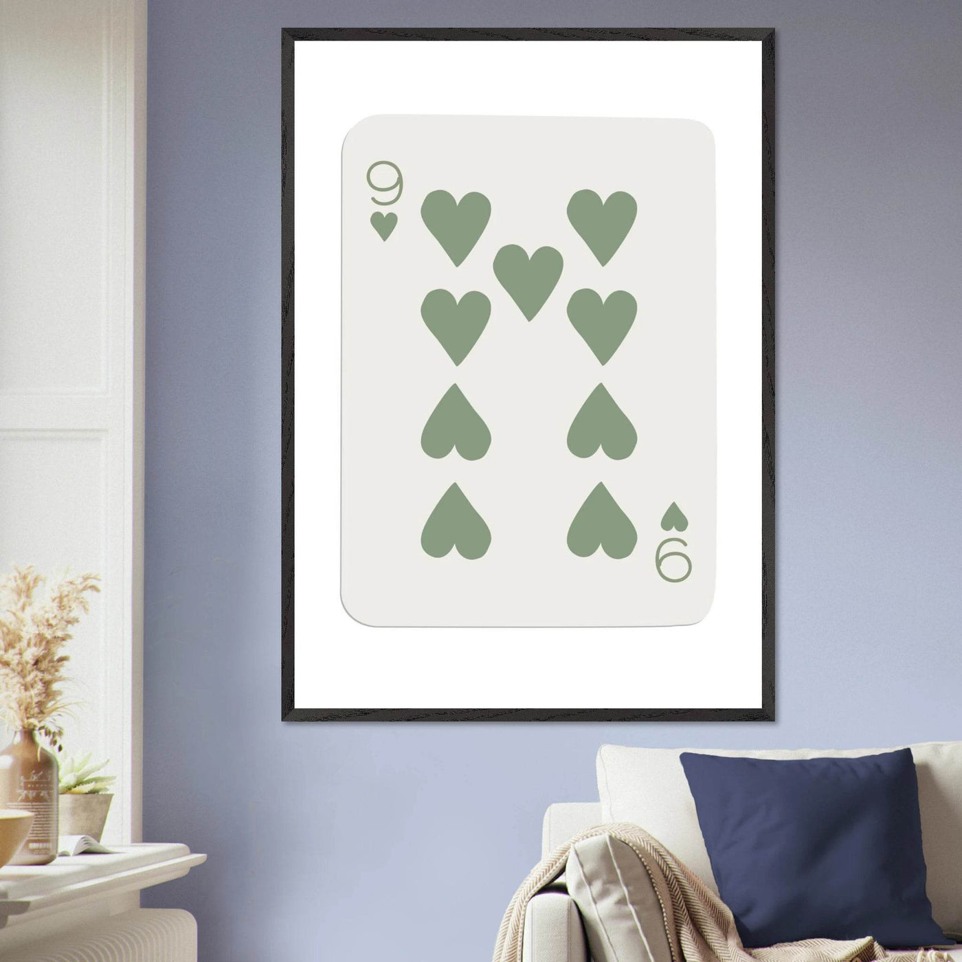 Minimalist Nine of Hearts Poker Card Print - Mounted Framed Wall Art, Sage Green Boho Decor, Eco-Friendly Wood Frame - Vibrantwalls