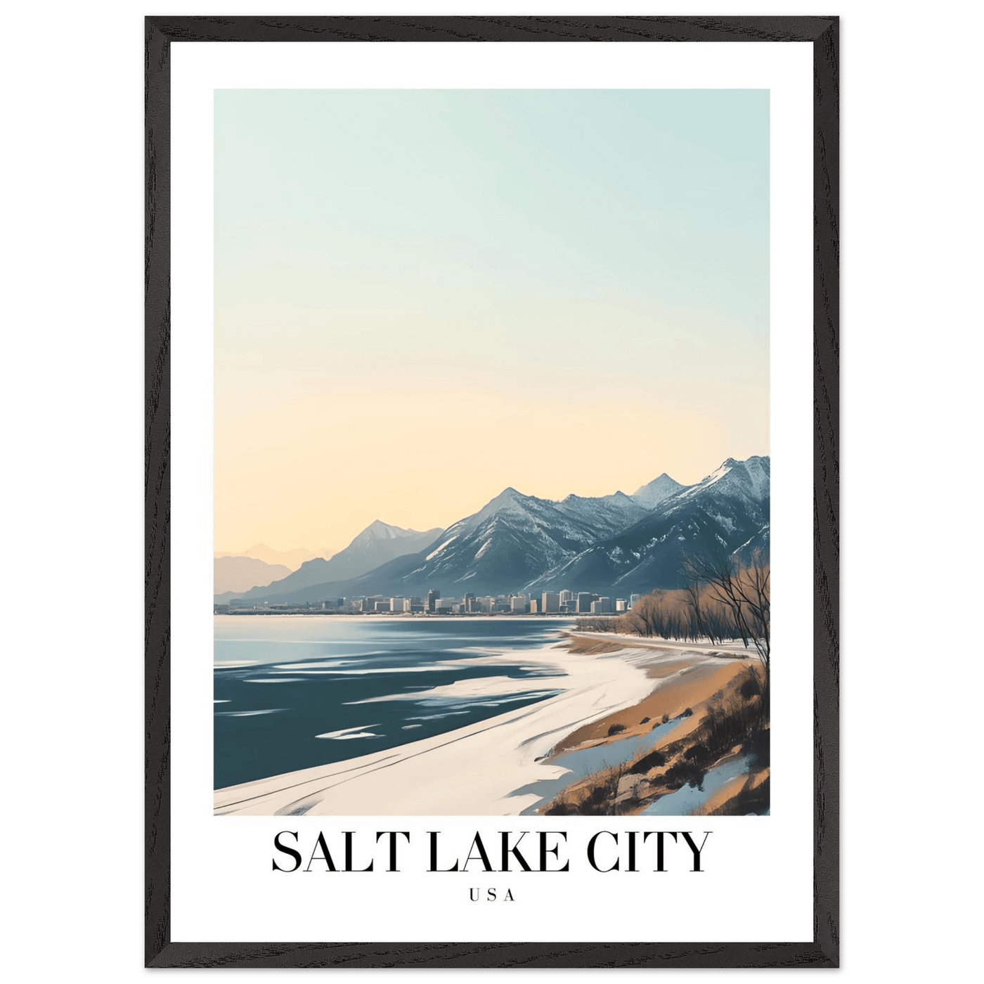 Salt Lake City Framed Poster – Modern Winter Landscape Art with Wood Frame - Vibrantwalls