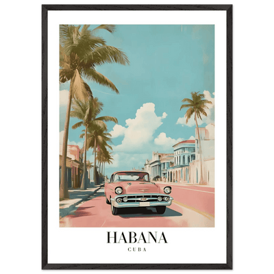 Habana Cuba Framed Poster – Vintage Pink Car Travel Art with Wooden Frame - Vibrantwalls