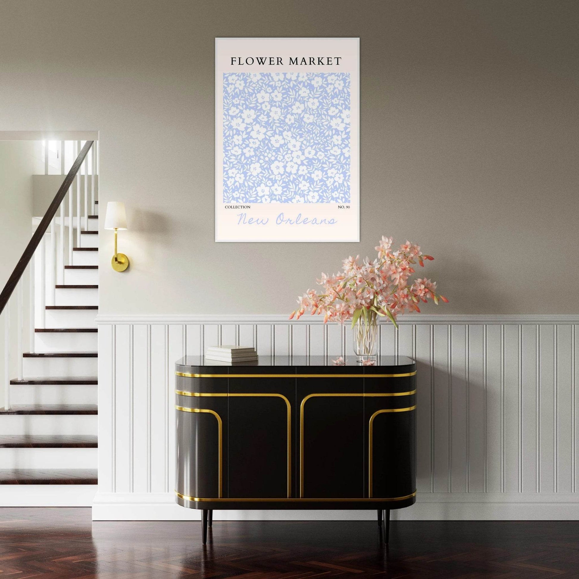 Flower Market New Orleans – Chic Periwinkle Floral Framed Poster | Ready-to-Hang Wall Art - Vibrantwalls