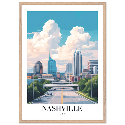 Nashville USA Cityscape Framed Poster – Modern Travel Wall Art with Wooden Frame & Your Choice of Size - Vibrantwalls