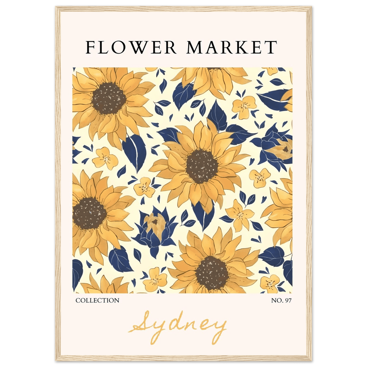 Vibrant Sunflower & Navy Floral Framed Poster – 'Flower Market Sydney' Collection | Ready-to-Hang Wall Art - Vibrantwalls