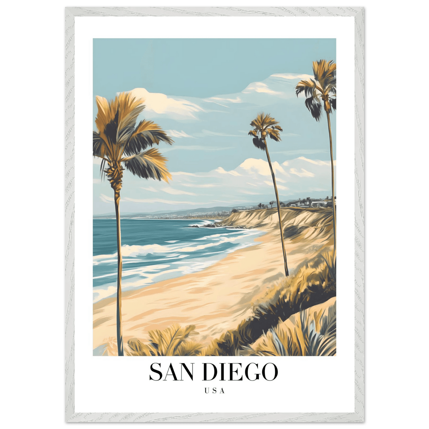 San Diego USA Framed Poster – Vintage Beach Travel Wall Art with Wooden Frame in Your Choice of Size and Finish - Vibrantwalls