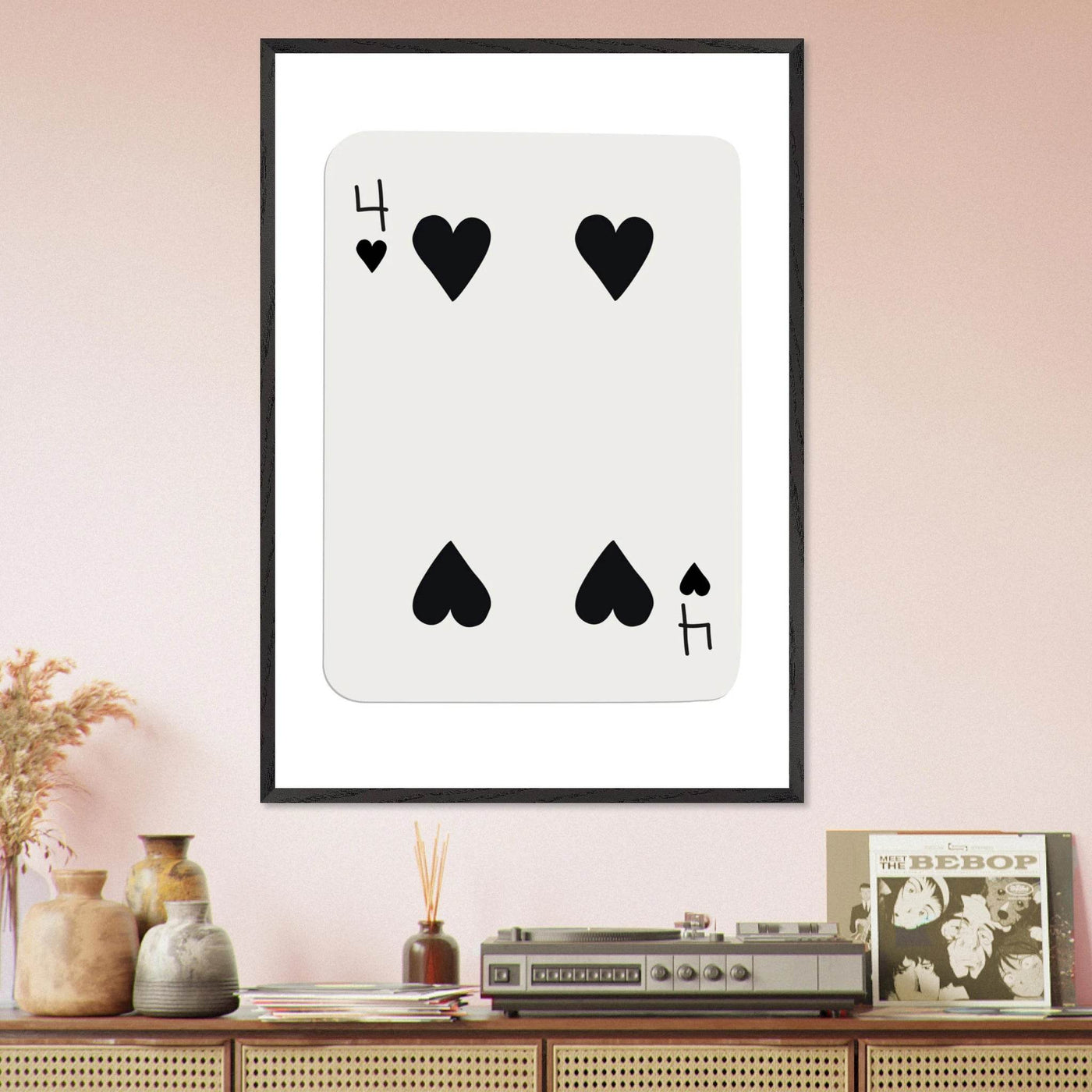 Minimalist Four of Hearts Poker Card Print - Mounted Framed Poster Art, Eco-Friendly Wood Frame - Vibrantwalls