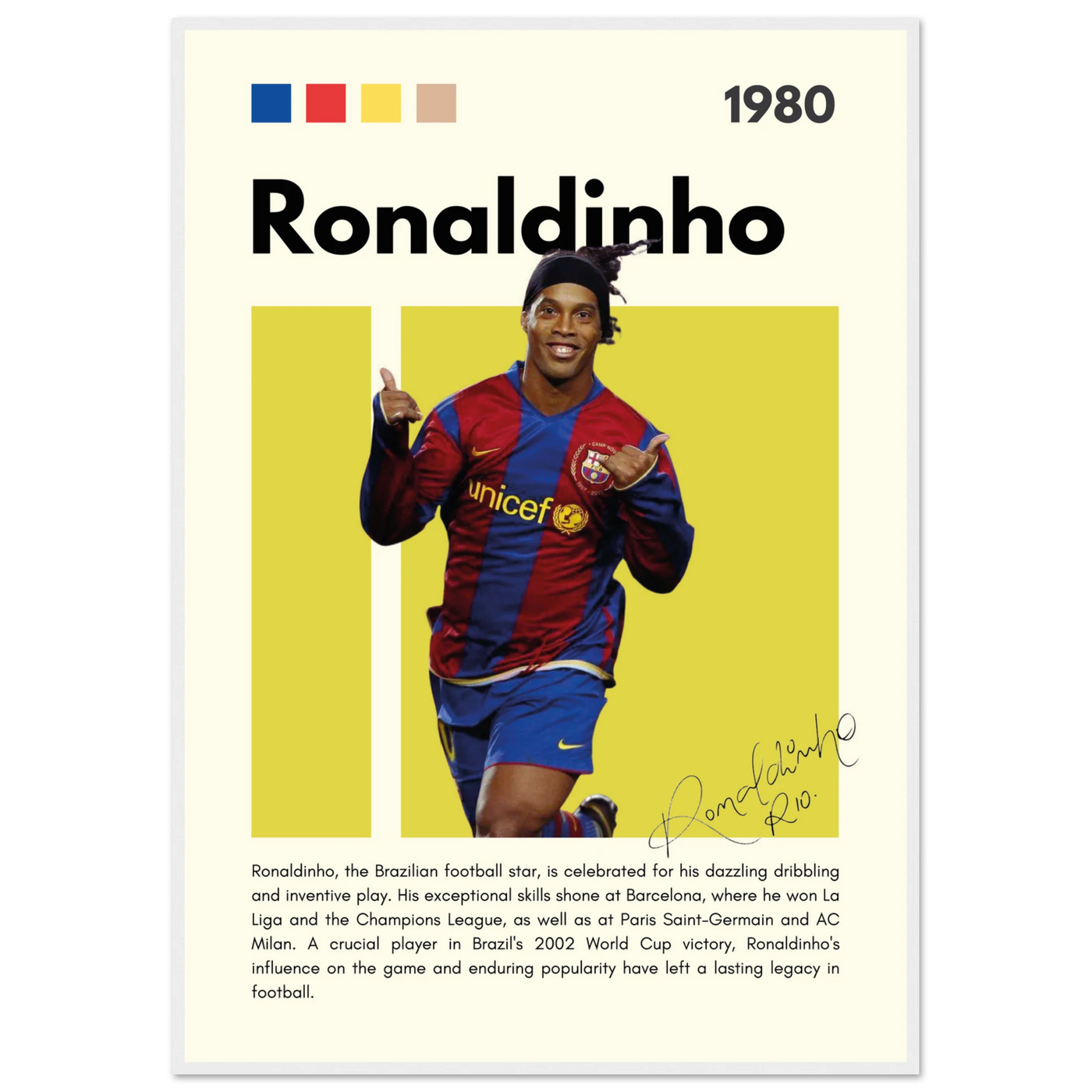 Ronaldinho Barcelona Football Legend Framed Brazil Poster 70x100 cm 28x40″ White frame Vibrantwalls