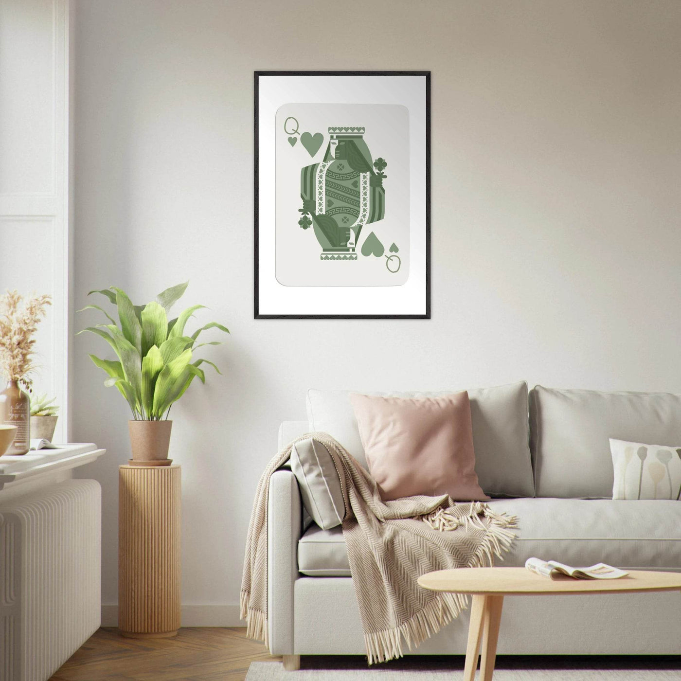 Queen of Spades Poker Card Print - Sage Green Wall Art - Mounted Framed Poster, Eco-Friendly Wood Frame - Vibrantwalls