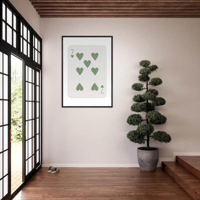Minimalist Poker Card Art - Seven of Hearts - Sage Green Framed Poster, Eco-Friendly Decor - Vibrantwalls