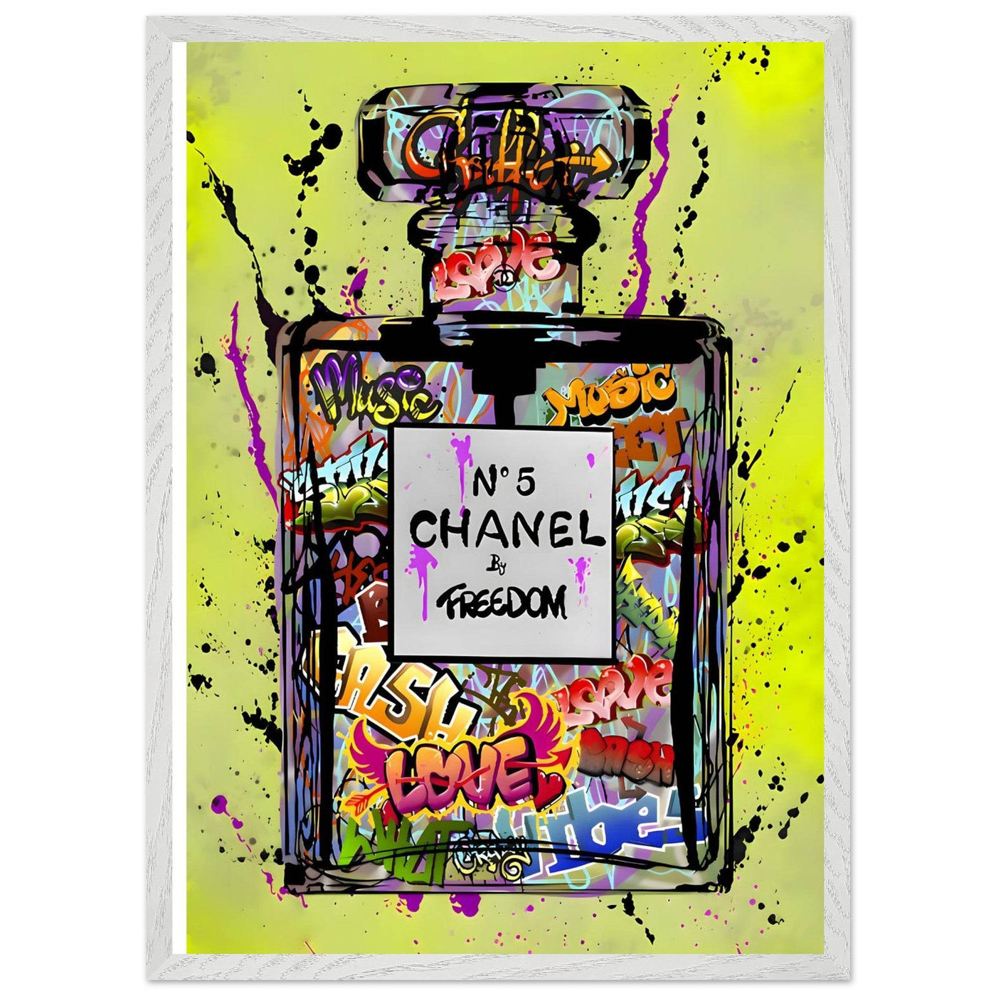 Coco Chanel No. 5 Graffiti Art Print - Vibrant Street Style Perfume Bottle Framed Wall Art - Vibrantwalls