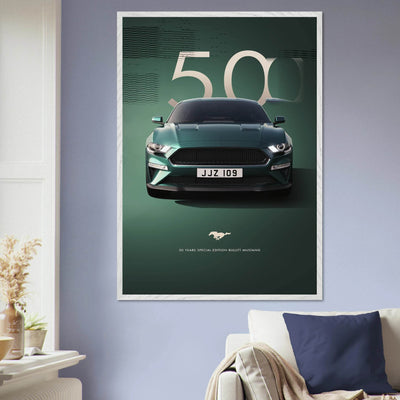 1968 Bullitt Mustang GT - 50th Anniversary Framed Poster | Iconic Dark Highland Green, Ready-to-Hang Wall Art - Vibrantwalls