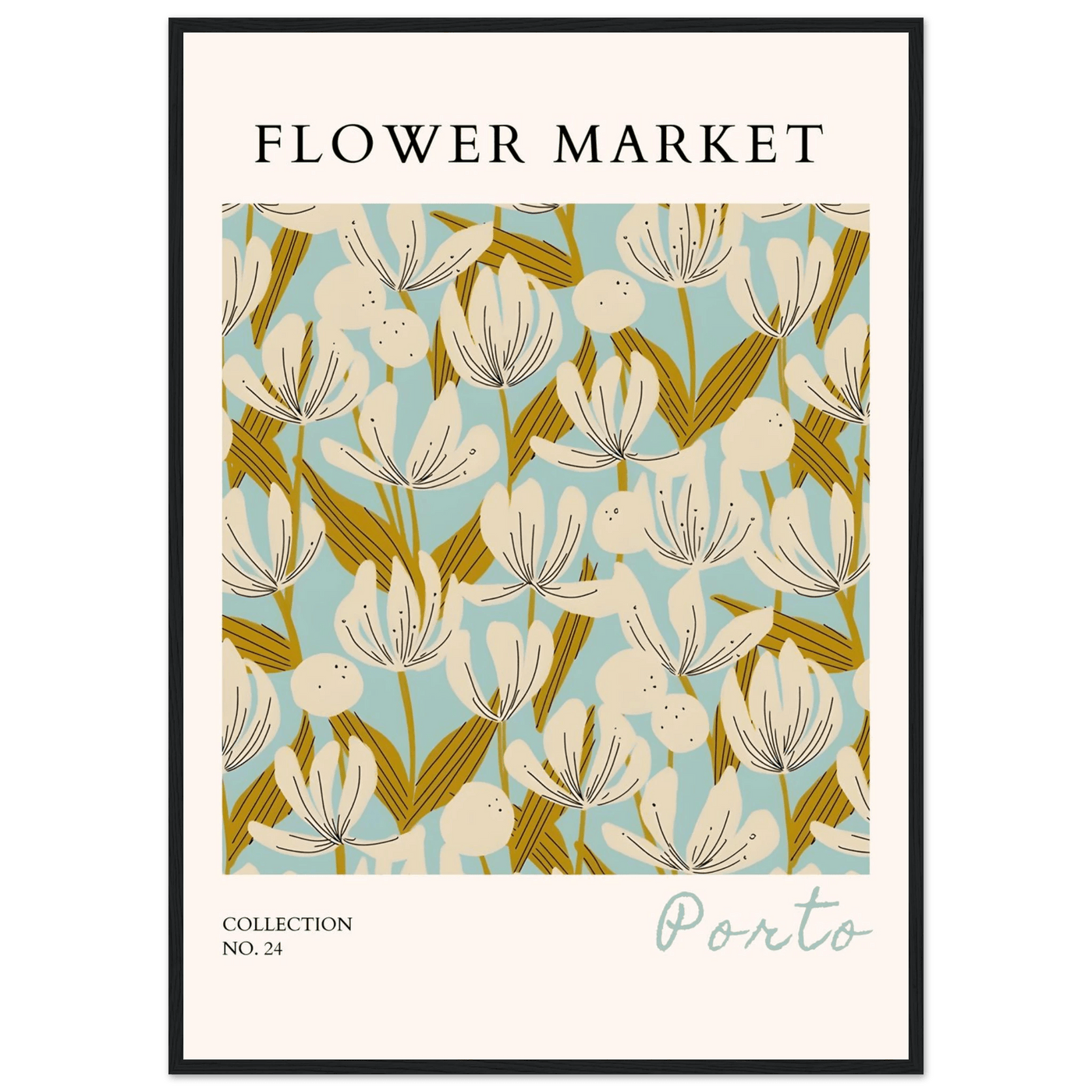 Flower Market Porto Abstract Floral Framed Poster | Calming Blue & Gold Botanical Art Print, Ready-to-Hang - Vibrantwalls