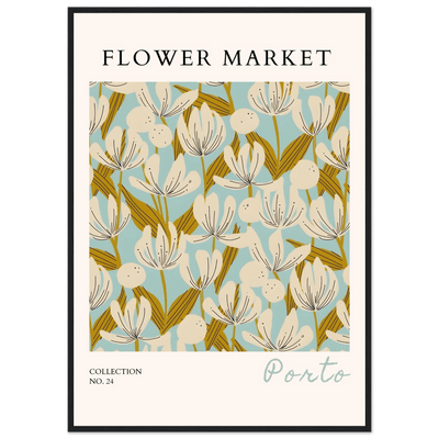 Flower Market Porto Abstract Floral Framed Poster | Calming Blue & Gold Botanical Art Print, Ready-to-Hang - Vibrantwalls