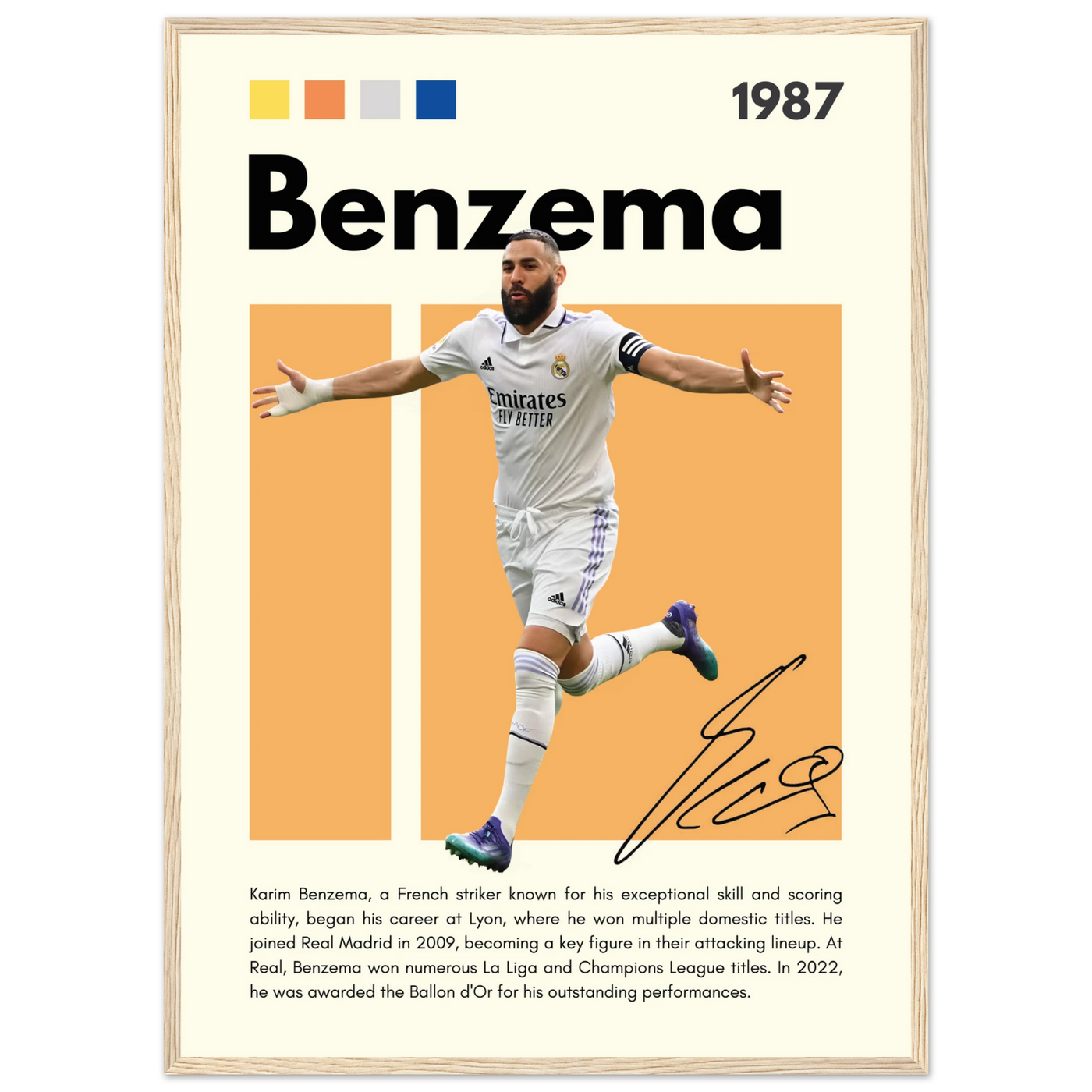 Karim Benzema Real Madrid Soccer Framed Poster – Modern Football Art Print with Signature Detail 50x70 cm 20x28″ Wood frame Vibrantwalls