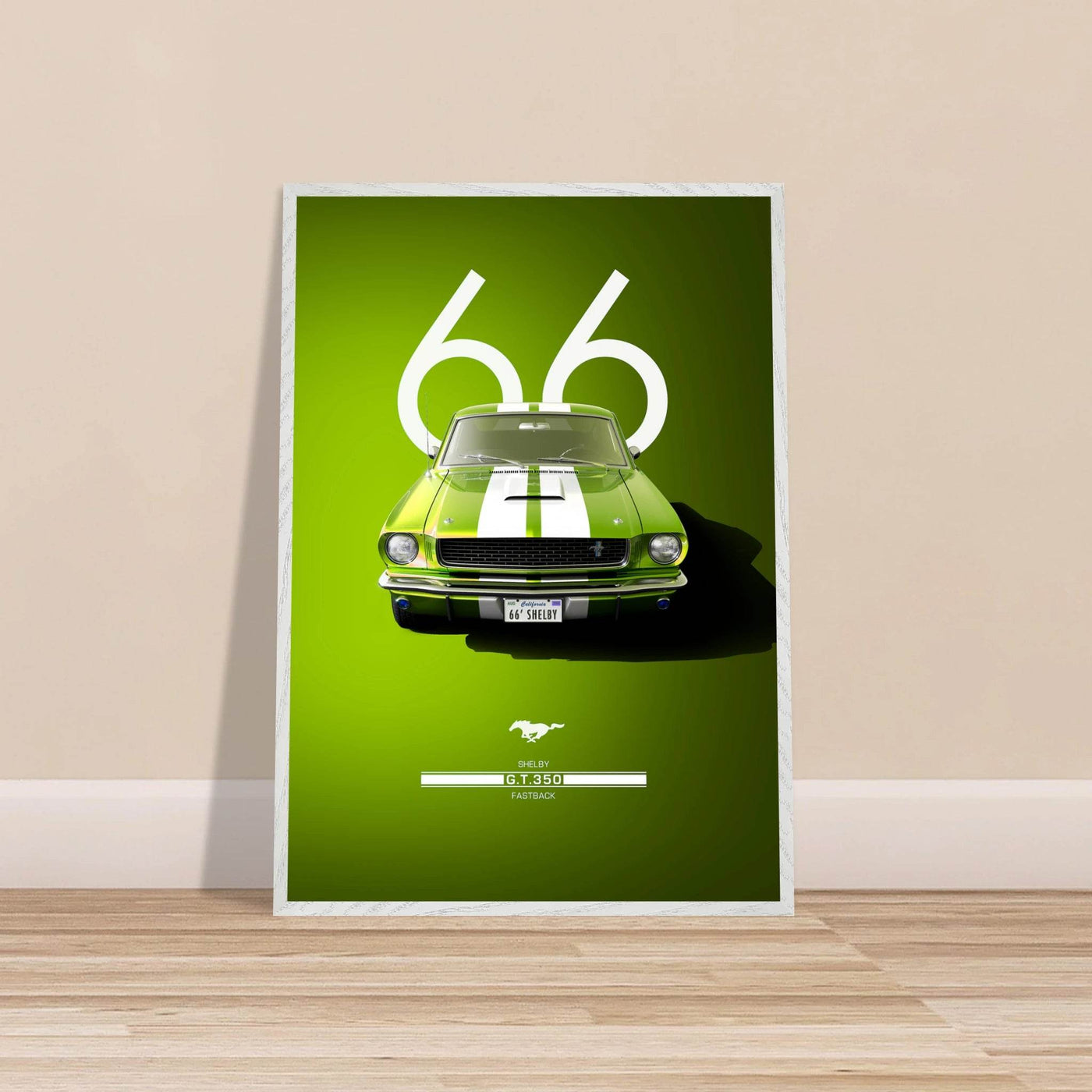 1966 Shelby GT350 Fastback Poster - Iconic Green & White Racing Stripes | Premium Framed Art, Ready-to-Hang - Vibrantwalls
