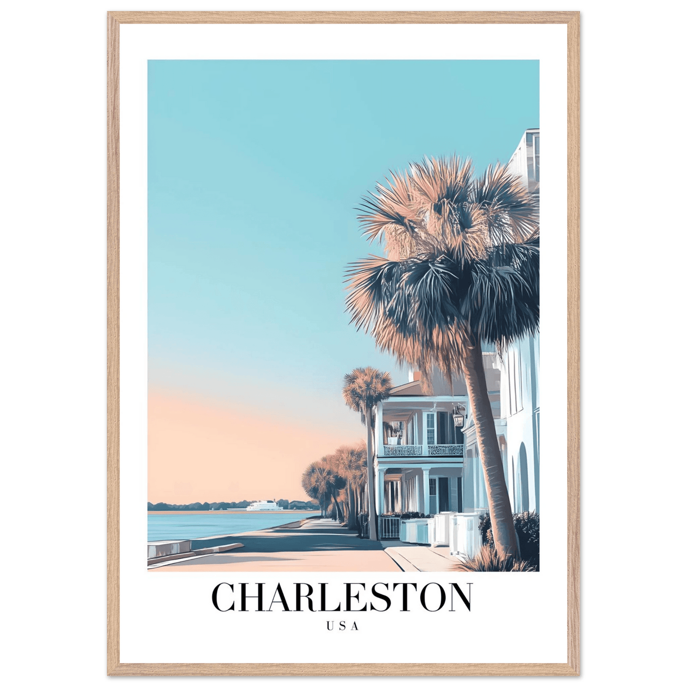 Charleston USA Framed Poster – Coastal Vintage Wall Art with Wooden Frame and Serene Sunset Hues - Vibrantwalls