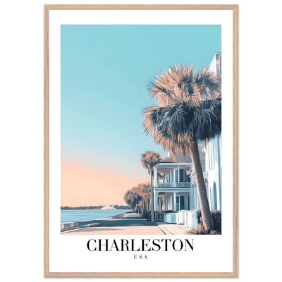 Charleston USA Framed Poster – Coastal Vintage Wall Art with Wooden Frame and Serene Sunset Hues - Vibrantwalls