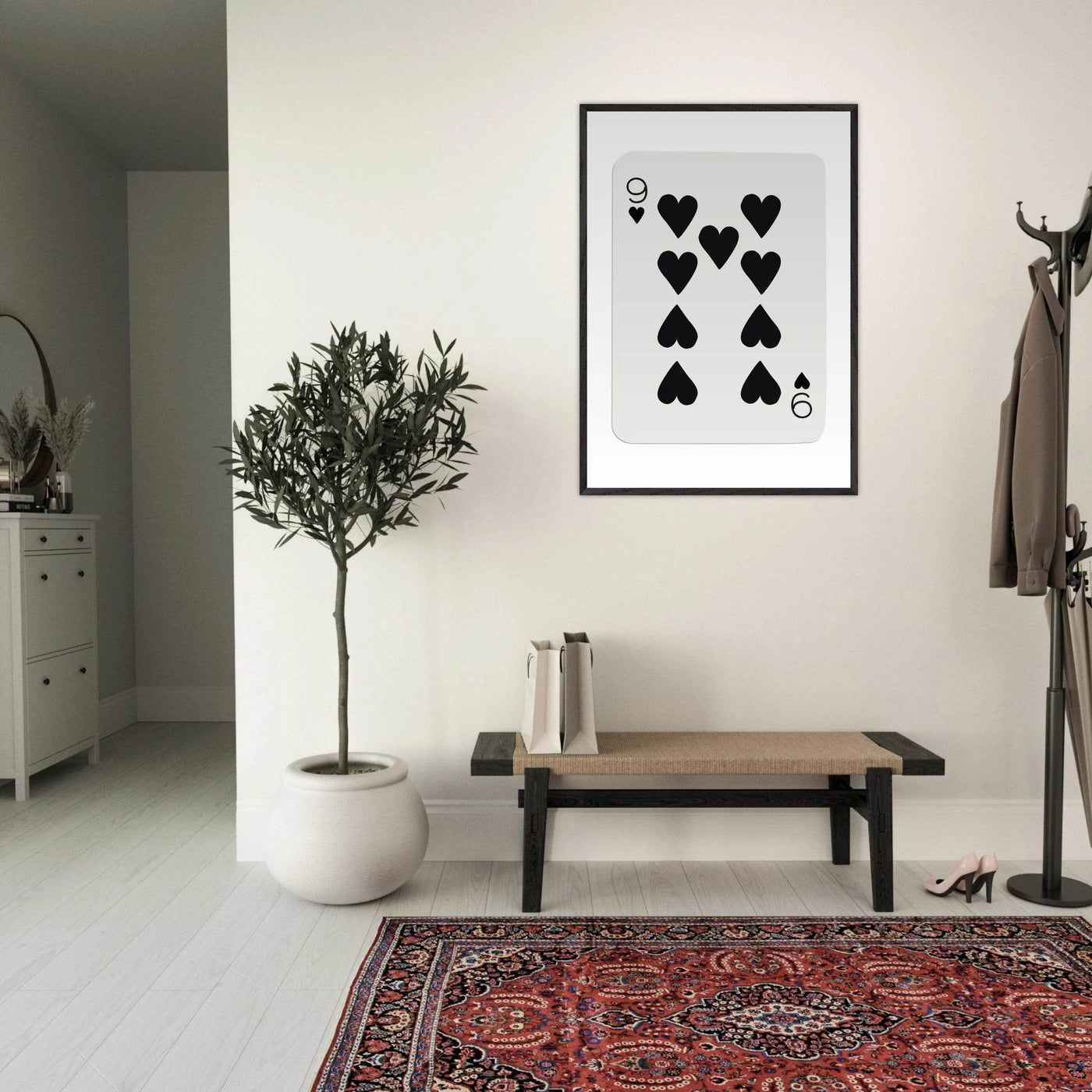 Minimalist Nine of Hearts Poker Card Print - Mounted Framed Eco-Friendly Wall Art in Various Sizes & Frame Finishes - Vibrantwalls