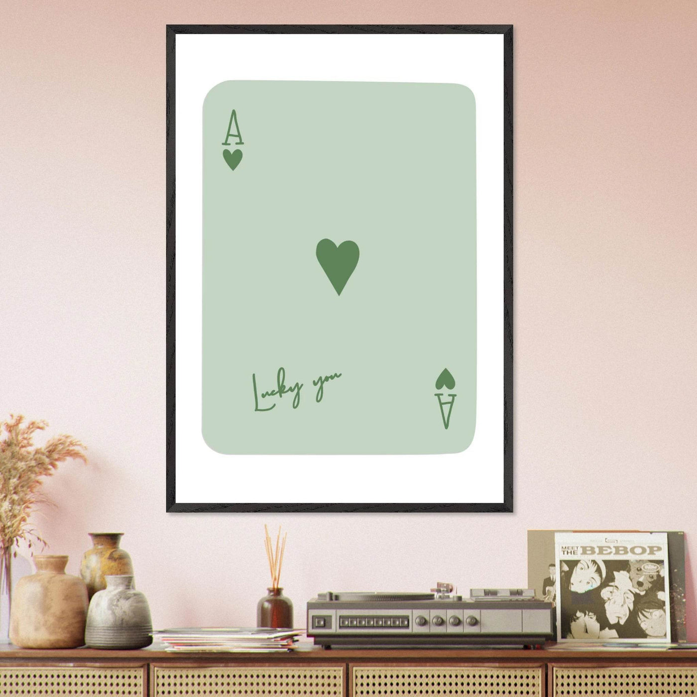Minimalist Ace of Hearts Poker Card Print - Eco-Friendly Framed Wall Art, 'Lucky You' Design - Vibrantwalls