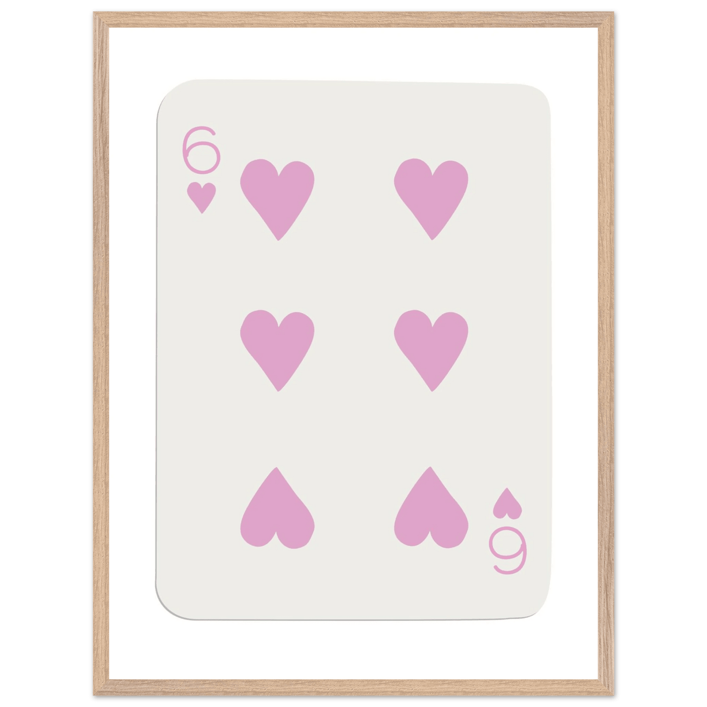 Minimalist Pink Six of Hearts Poker Card Print - Mounted Framed Eco-Friendly Wood Art - Vibrantwalls