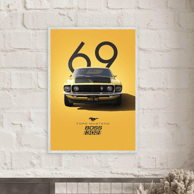 1969 Ford Mustang Boss 302 '69 - Iconic Yellow Framed Poster | Ready-to-Hang, Premium Art Print - Vibrantwalls