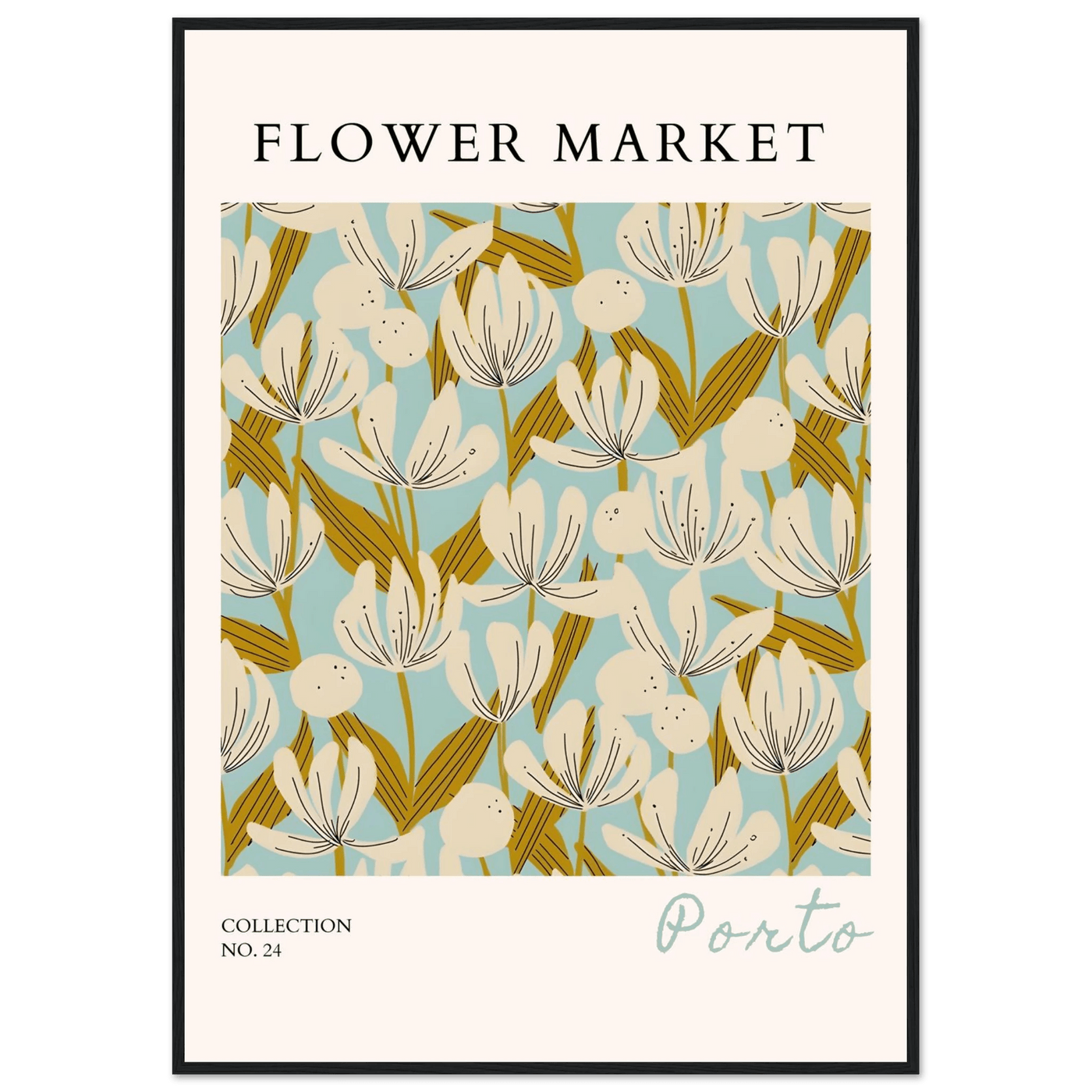 Flower Market Porto Abstract Floral Framed Poster | Calming Blue & Gold Botanical Art Print, Ready-to-Hang - Vibrantwalls