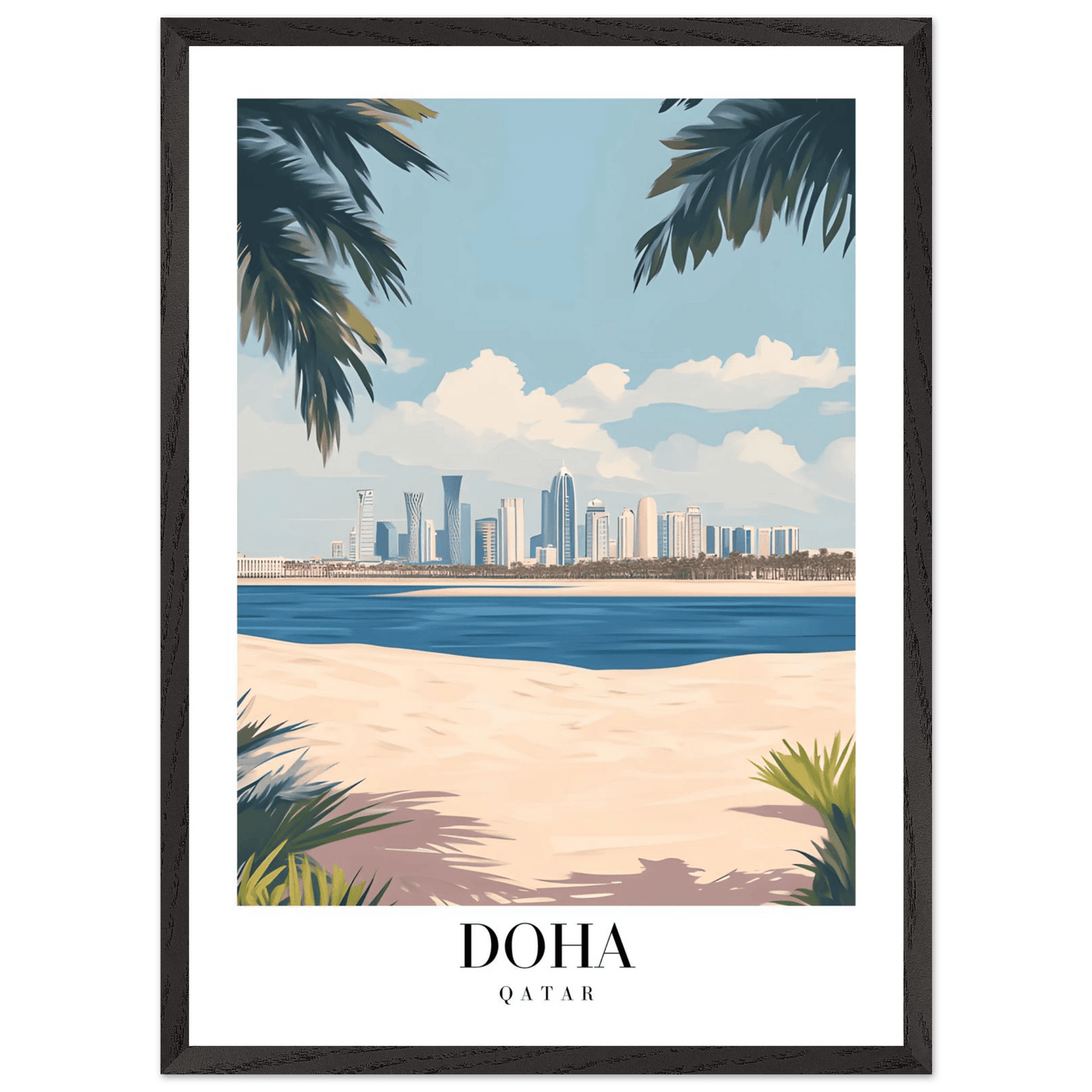 Doha Qatar Skyline Framed Poster – Modern Travel Wall Art with Palm Beach Vibes - Vibrantwalls