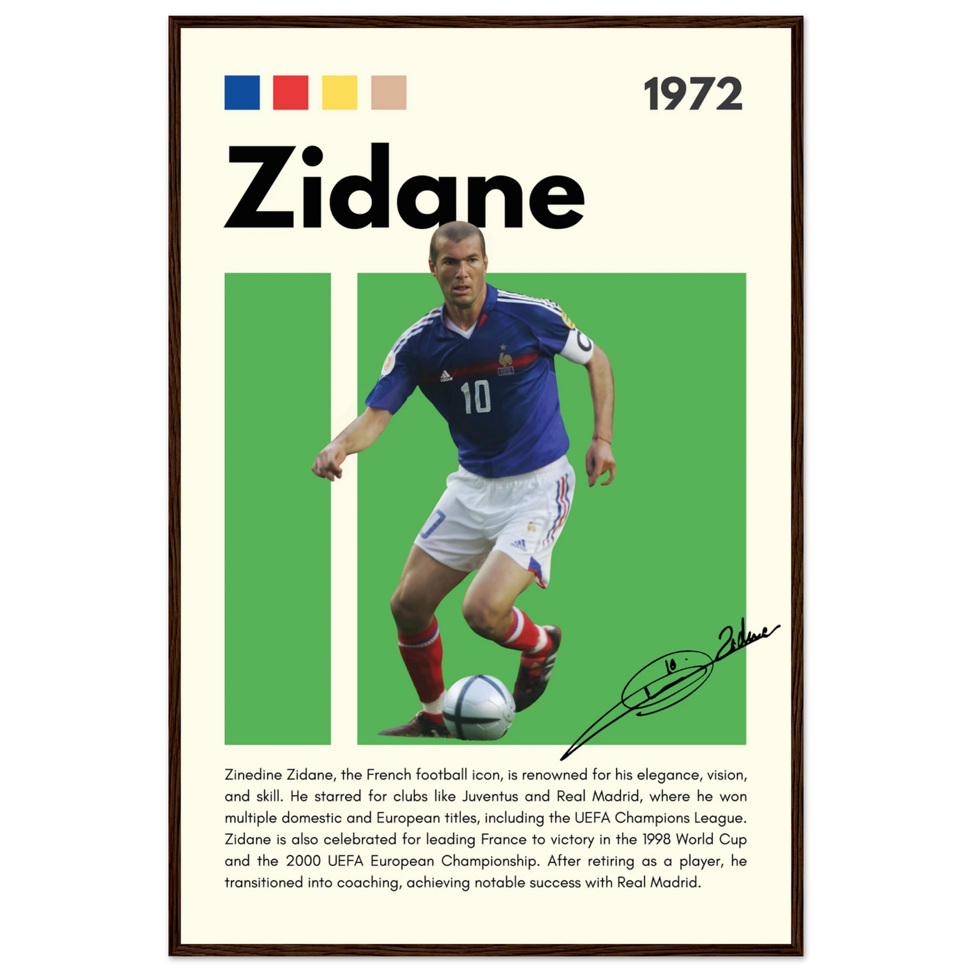 Zinedine Zidane Football Legend Framed French Poster 60x90 cm 24x36″ Dark wood frame Vibrantwalls